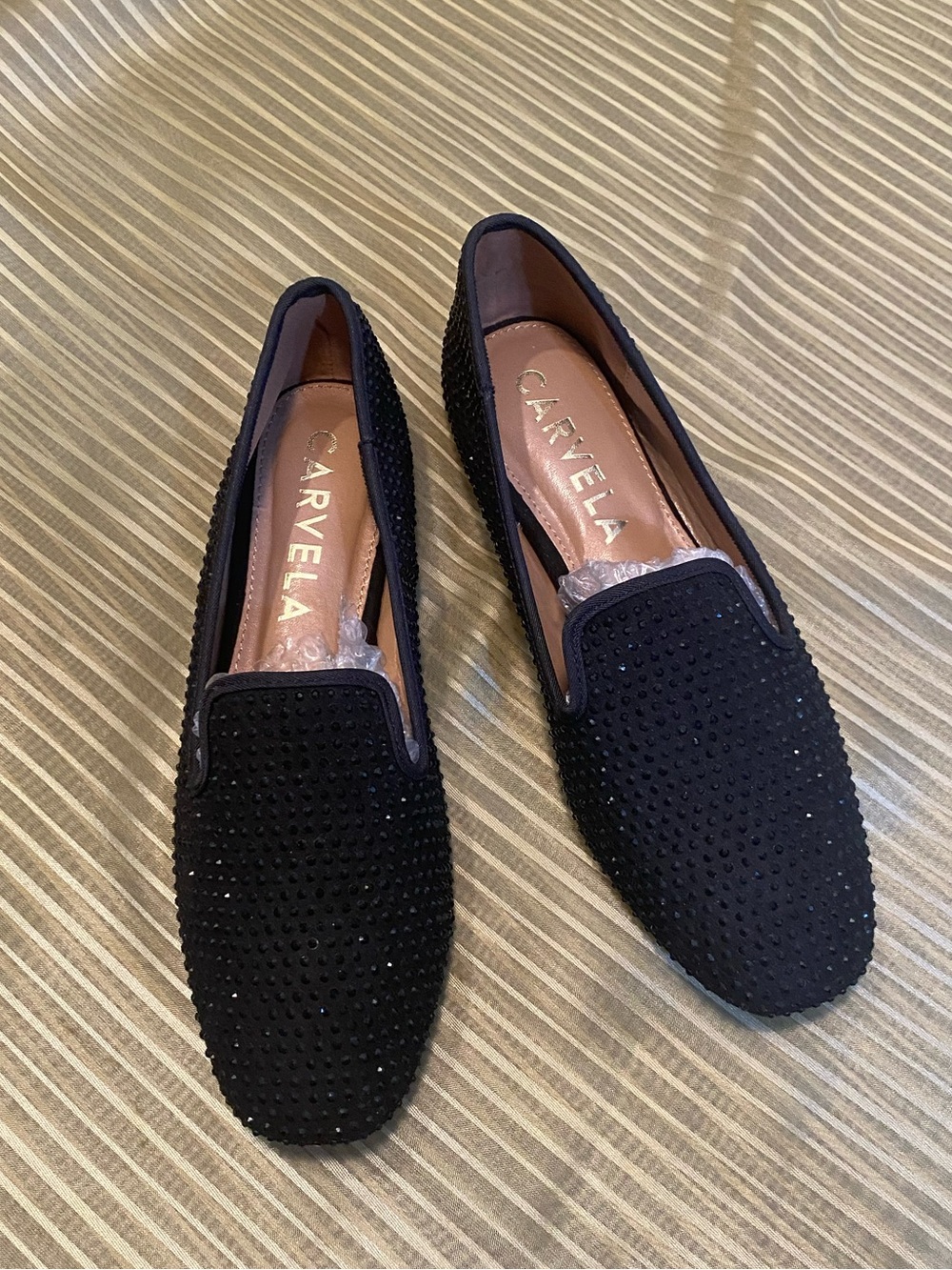 CARVELA Black Crystal-Embellished Slip-On women Flats Loafers, size 8